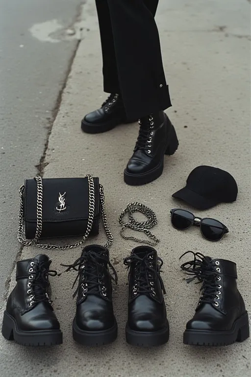 Dark Aesthetic Outfit Ideas For Streetwear Vibes 7 Dark streetwear accessories including silver chains, cap, boots, and sunglasses.
