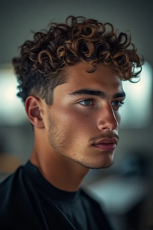 "Anthony with defined short-medium curls, polished and frizz-free."