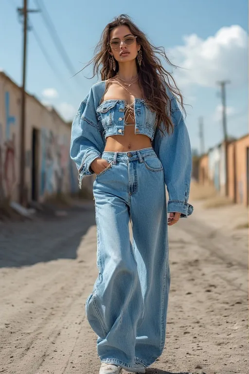 "Y2K denim fashion featuring low-rise jeans and matching denim jacket inspired by 2000s trends"