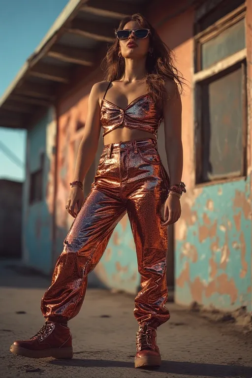 Metallic denim jeans and crop top styled for glossy 2000s fashion revival.