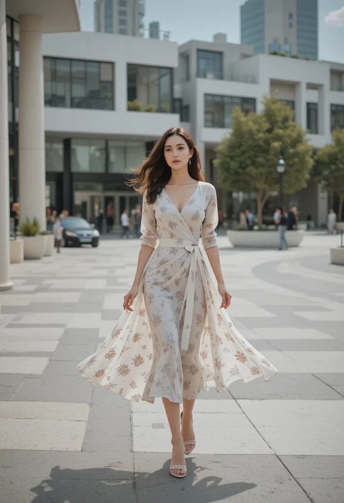 Smart Stylish Outfit Ideas For Modern Women 6 Stylish woman in a flowing midi wrap dress representing modern feminine power.