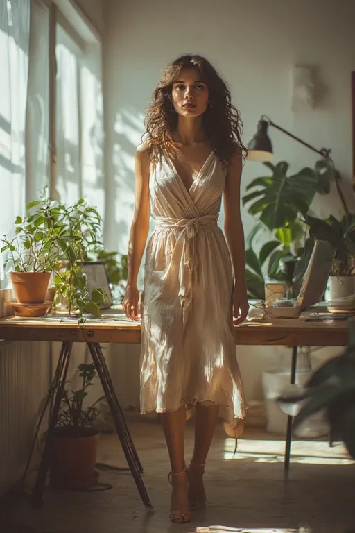 Business Casual Outfits For Modern Workwear 7 Elegant woman in a midi wrap dress posing gracefully in a modern office space.