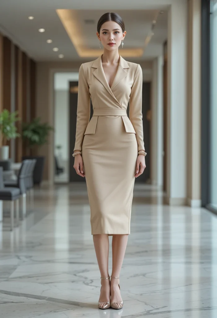 10+Minimalist Business Casual Fashion Ideas 7 Elegant business casual wrap dress styled with simple accessories for a professional yet effortless look.