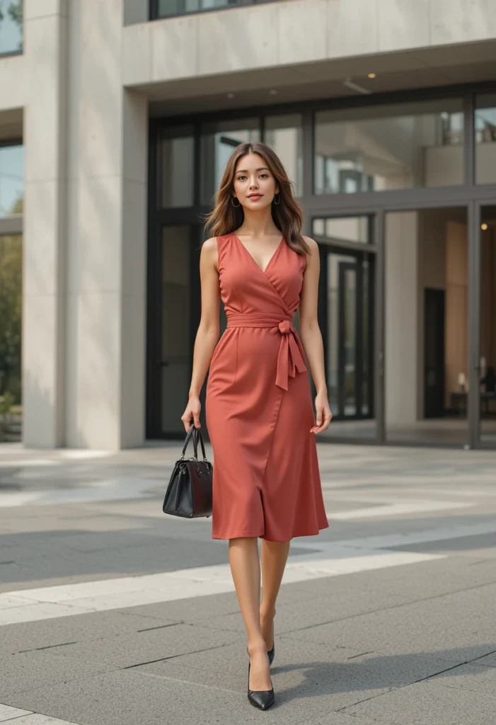 Stylish woman in a wrap dress and handbag, showcasing professional business casual style.
