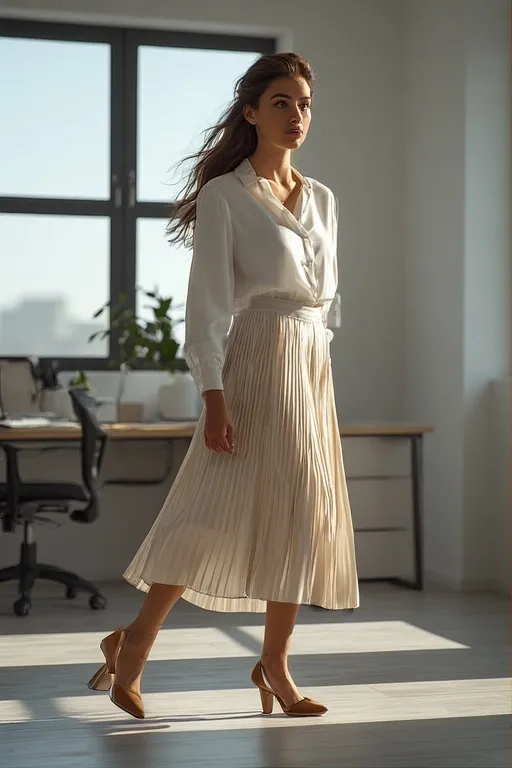 10+Business Casual Outfit Fashion Ideas 8 “Pleated satin midi skirt with a blouse and heels for a feminine business casual outfit.”