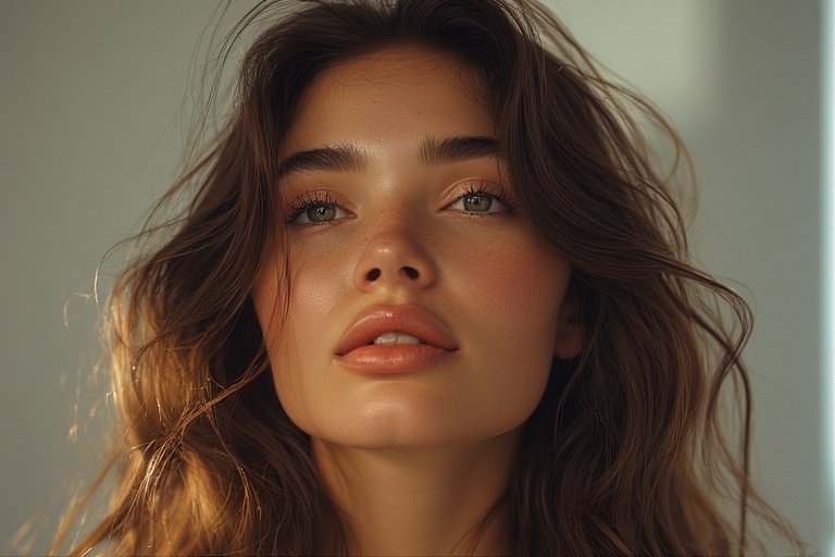 A woman with soft, polished everyday glam waves posing in warm lighting, showcasing smooth, natural-looking volume and a sleek, modern hairstyle.