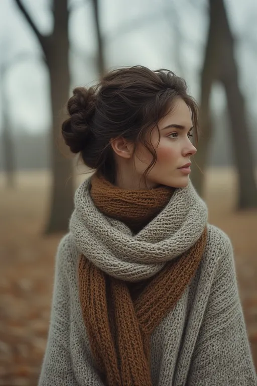 Woman with a relaxed low bun hairstyle wearing a chunky knit sweater and scarf, standing outdoors in a cozy fall environment.