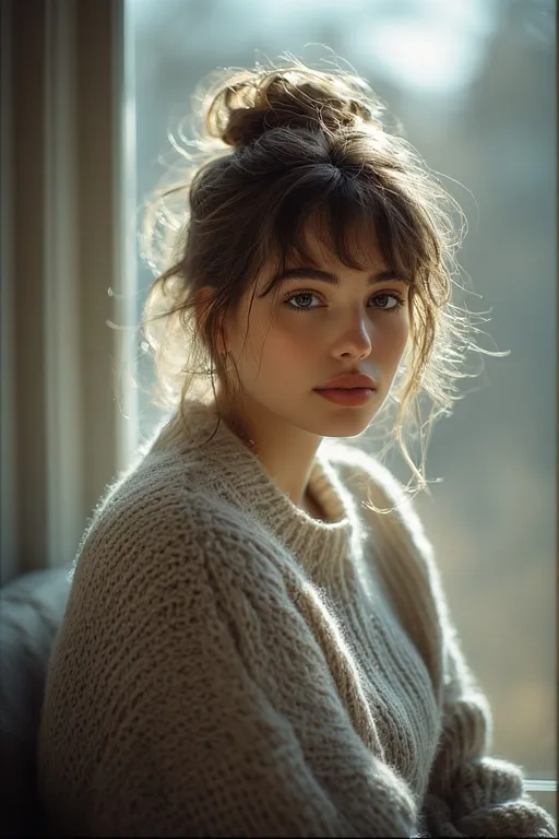 Woman with effortless messy bun and loose strands, creating relaxed sophistication.