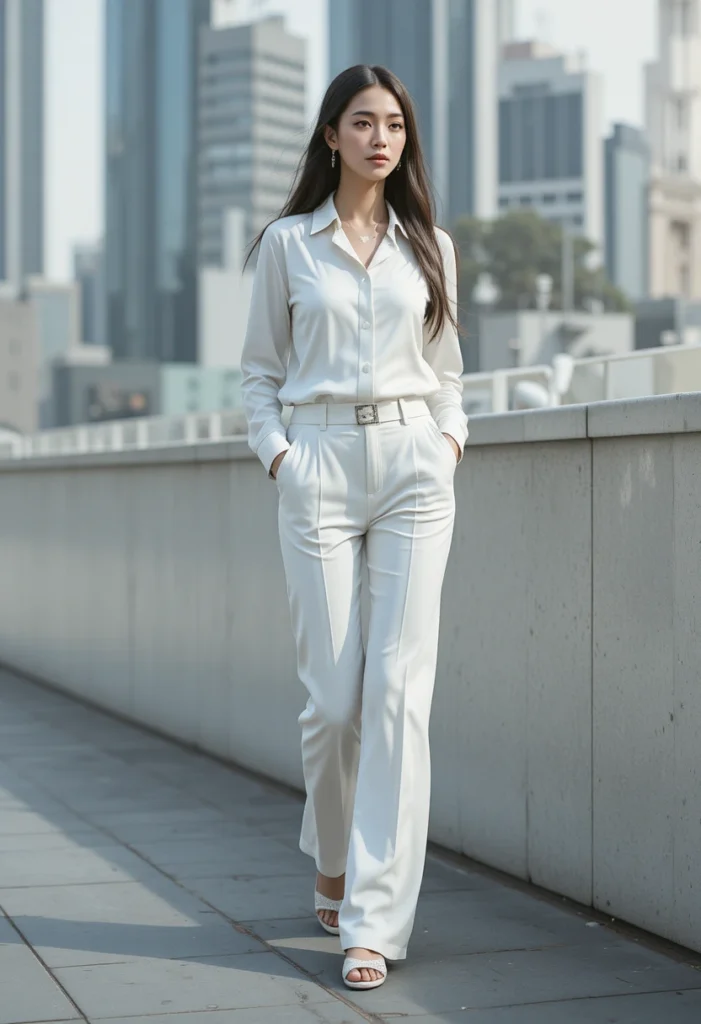 Smart Stylish Outfit Ideas For Modern Women 4 Woman in elegant all-white monochrome outfit showcasing modern minimalism.