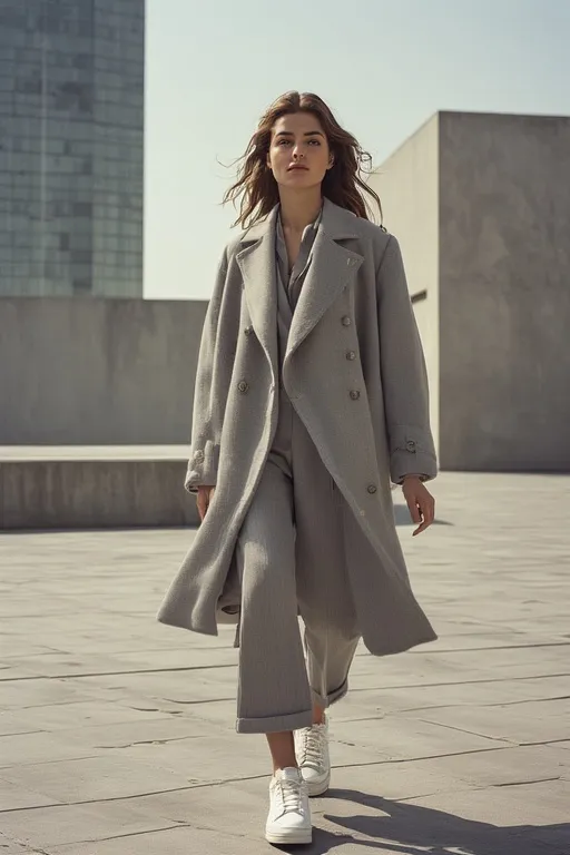 Modern Stockholm street chic outfit with oversized coat and sneakers in neutral tones.