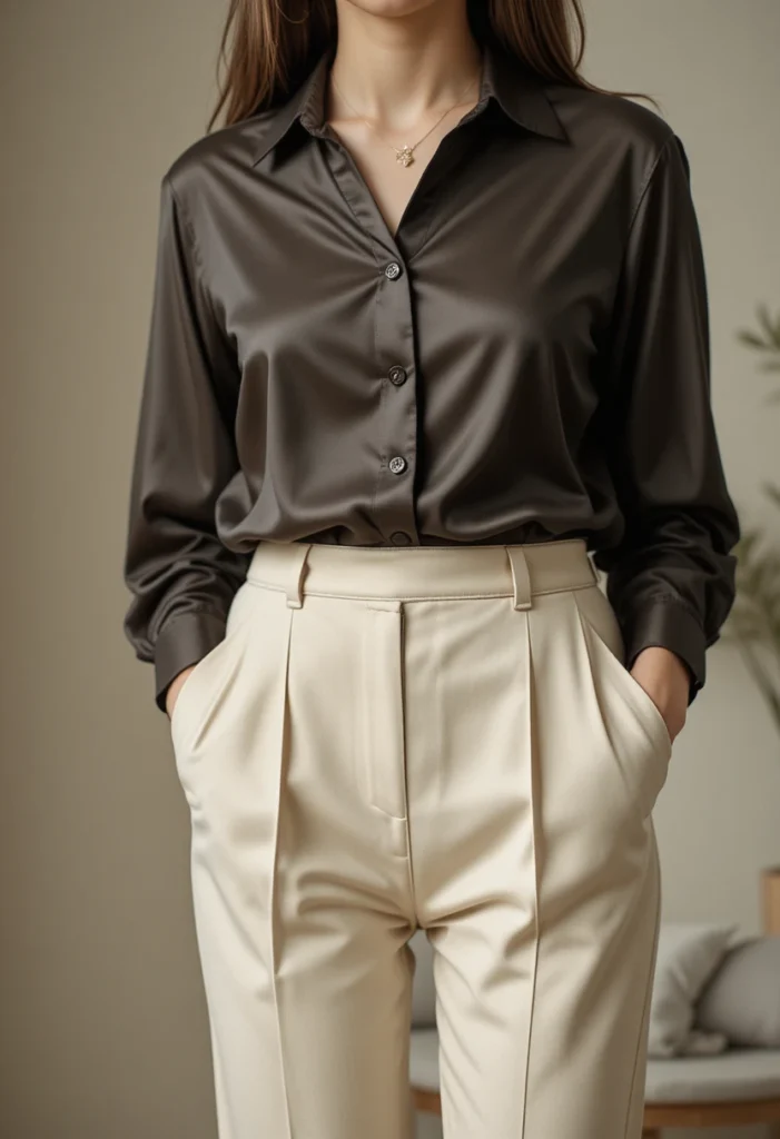 Professional woman in a silk blouse and tailored pants styled for an elegant business casual look.