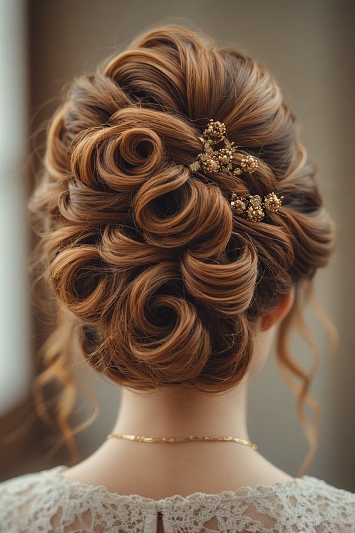 Woman with a sophisticated curly updo featuring a twisted chignon and hair accessories.
