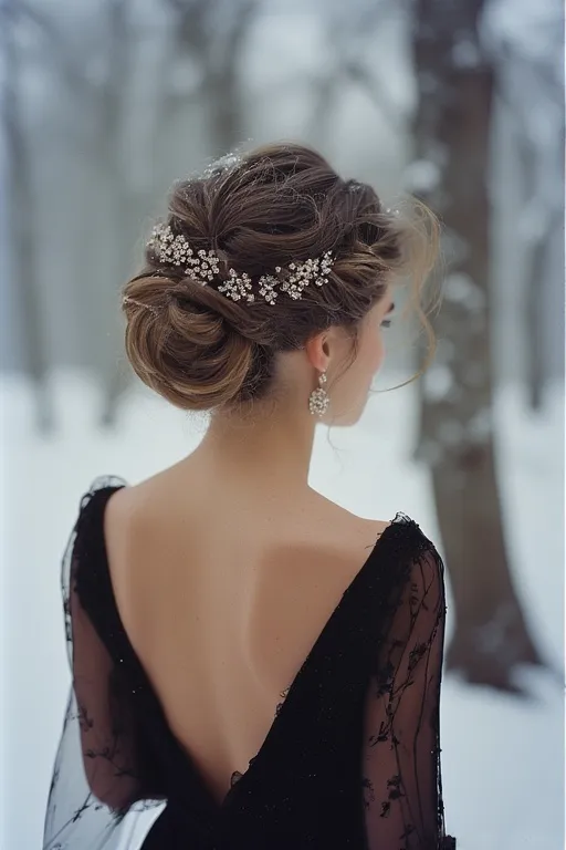 Elegant winter updo hairstyle with jeweled accessories for formal events.