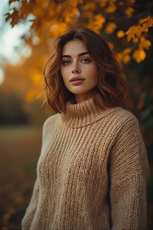 Woman with soft wavy autumn hairstyle in chestnut tones capturing cozy seasonal elegance.