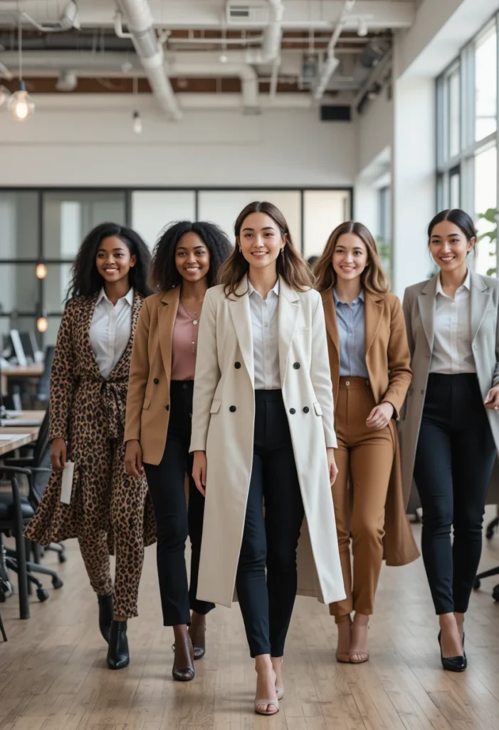 Business Casual Outfits For Modern Workwear 11 Group of stylish professional women showcasing diverse business casual outfits.