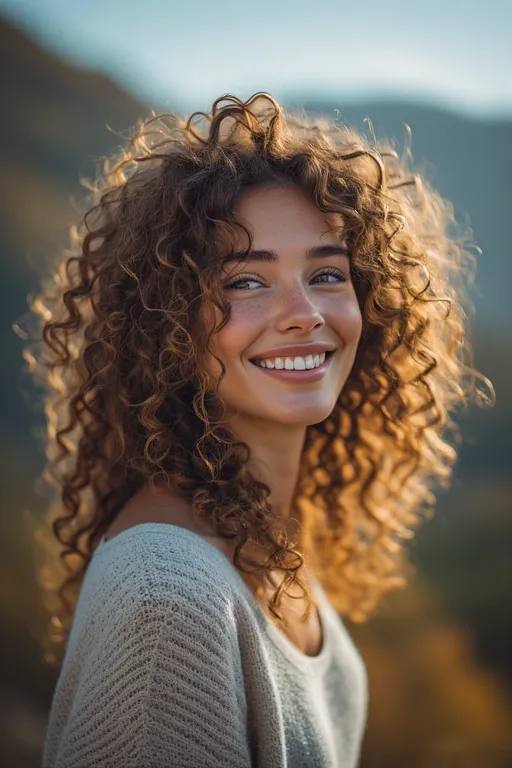 Woman with defined natural curls enjoying fall weather outdoors.