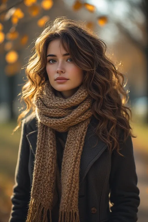 Woman with layered fall hairstyle and warm tones in a park surrounded by autumn leaves.