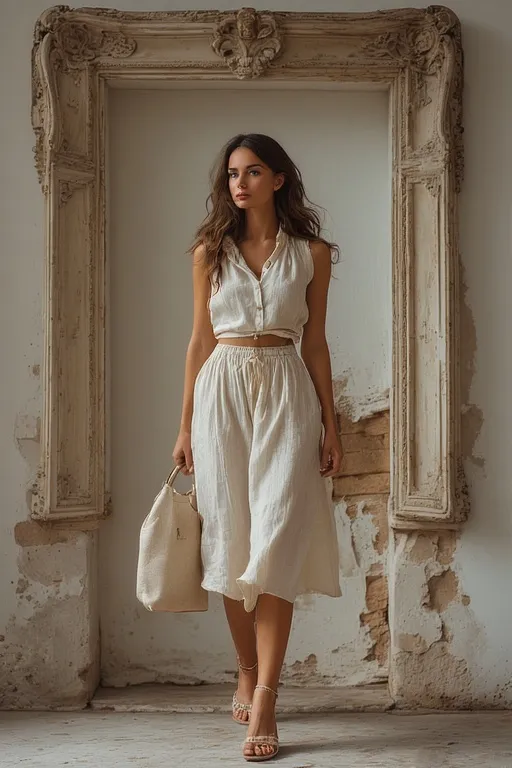 Neutral-toned summer outfit featuring soft natural colors like beige and blush for an elegant look.