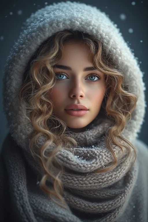 Woman with voluminous winter hairstyle wearing cozy winter clothing outdoors.