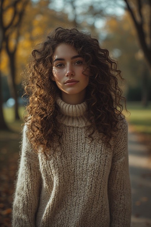 Young woman in a cozy sweater showcasing her natural curly hair outdoors in autumn sunlight.