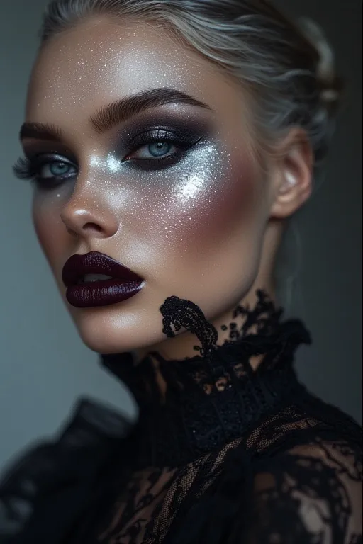 Ghostly Glam Black Halloween Style Ideas 5 Woman with silver smokey eyes and dark lips wearing ethereal ghostly glam makeup.