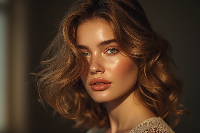 Woman with textured layered hairstyle full of movement and volume.