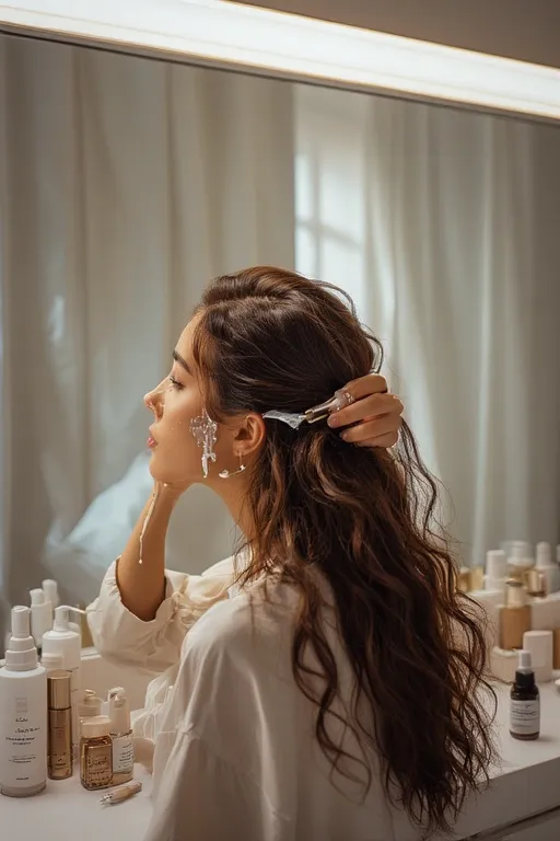 Chic and Trendy Fashion Hairstyles for Every Occasion 11 Woman maintaining healthy shiny hair using serum as part of fashion-forward hair care routine.