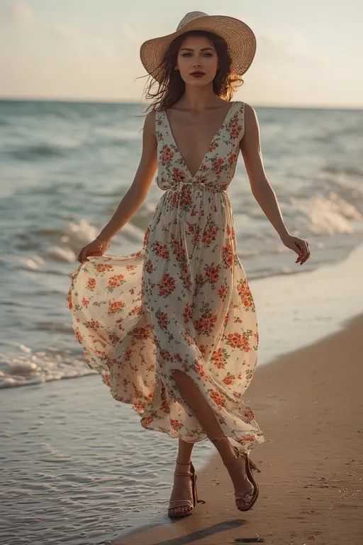 Woman in a floral maxi dress twirling on the beach, embracing feminine and carefree summer charm.