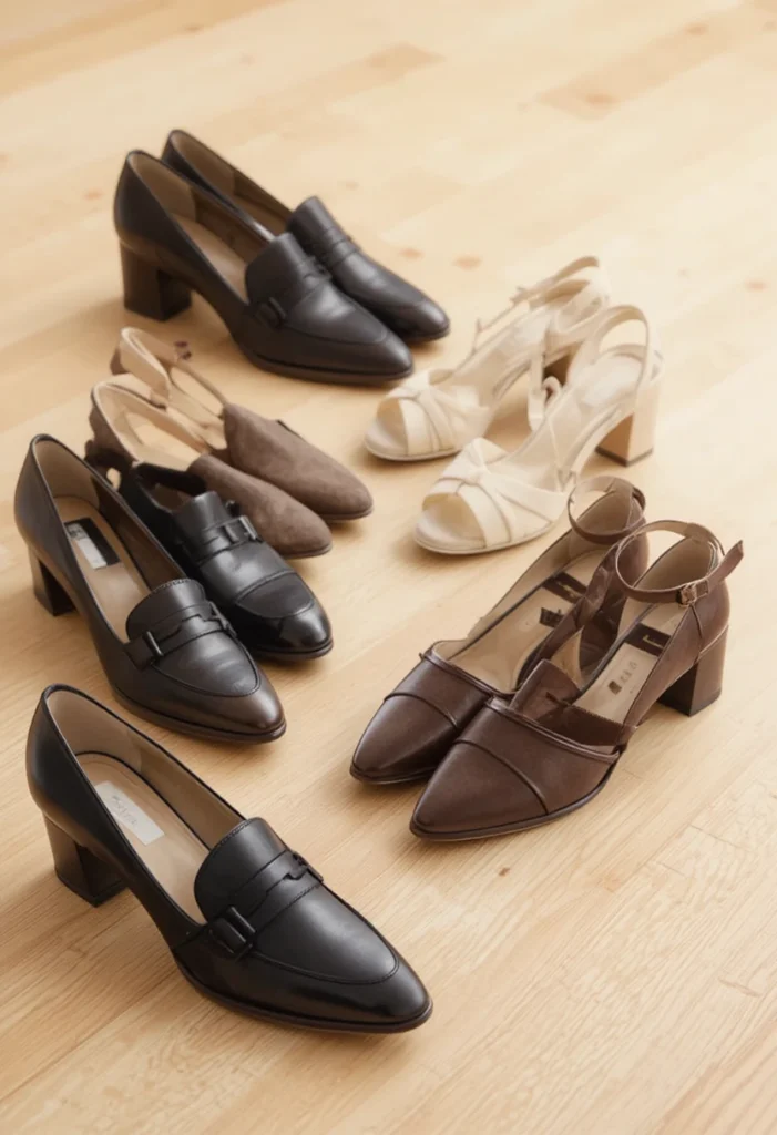 Business Casual Outfits For Modern Workwear 8 Assorted business casual footwear including loafers and heels arranged neatly.