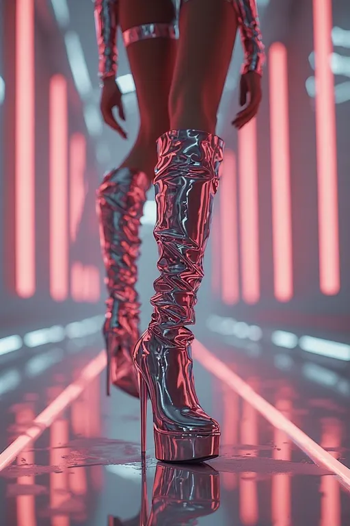 Glossy metallic Y2K footwear with platform heels and high shine.