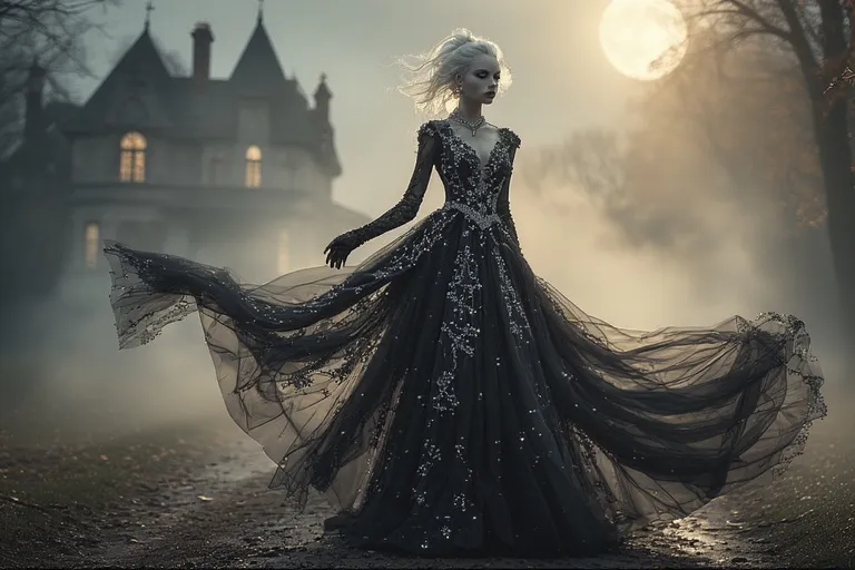 Full-body view of a woman in a ghostly glam black Halloween gown with glittering layers, silver jewelry, and glowing makeup under moonlight.