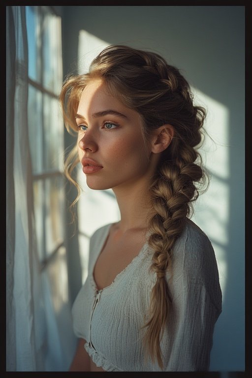 Effortless Everyday Glam Stylish Hairstyles to Try 7 Woman wearing a side fishtail braid in a bright studio.