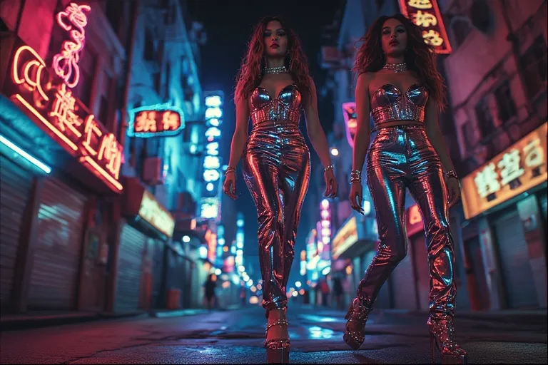 “Glossy 2000s-inspired outfit with metallic fabrics, bold accessories, and Y2K streetwear vibes.”