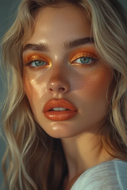 Glossy Y2K makeup look with shimmery eyes and glowing skin.