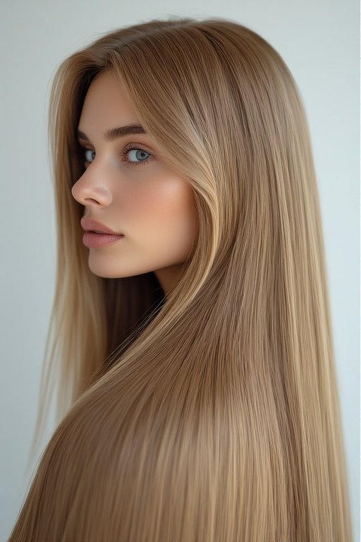 Effortless Everyday Glam Stylish Hairstyles to Try 8 Woman with ultra-straight glossy hair and a middle part.