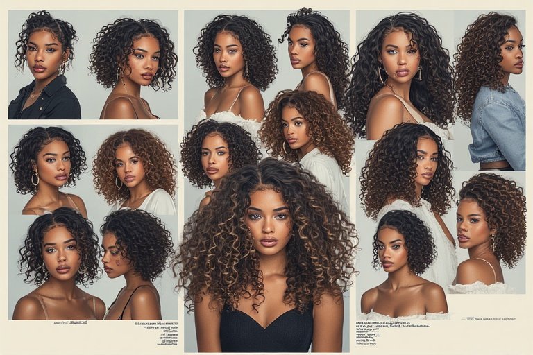“Beautiful curly hairstyles for different hair textures and occasions, featuring glossy, defined curls styled with elegance and volume.”