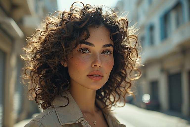 Woman with gorgeous curly hair styled in loose curls and waves, highlighting natural texture and shine, perfect for any occasion.