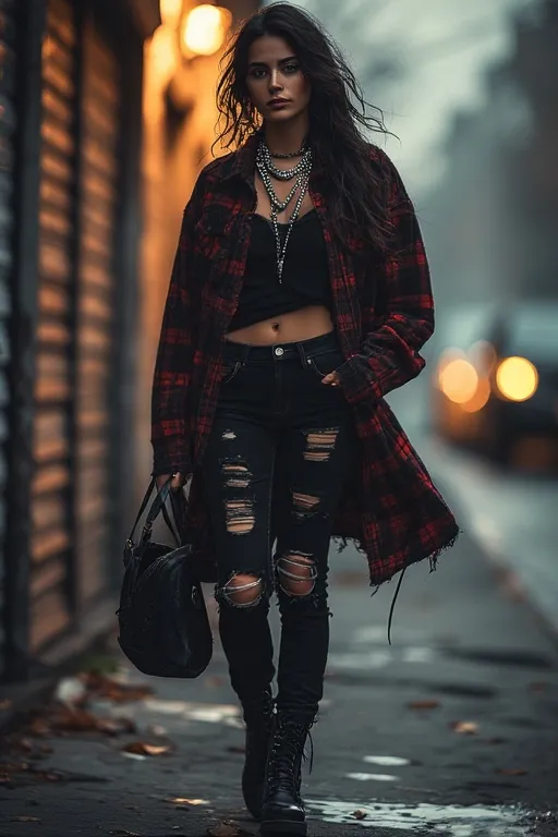 Dark Aesthetic Outfit Ideas For Streetwear Vibes 5 Dark grunge streetwear outfit mixing plaid, ripped jeans, and minimalist details.