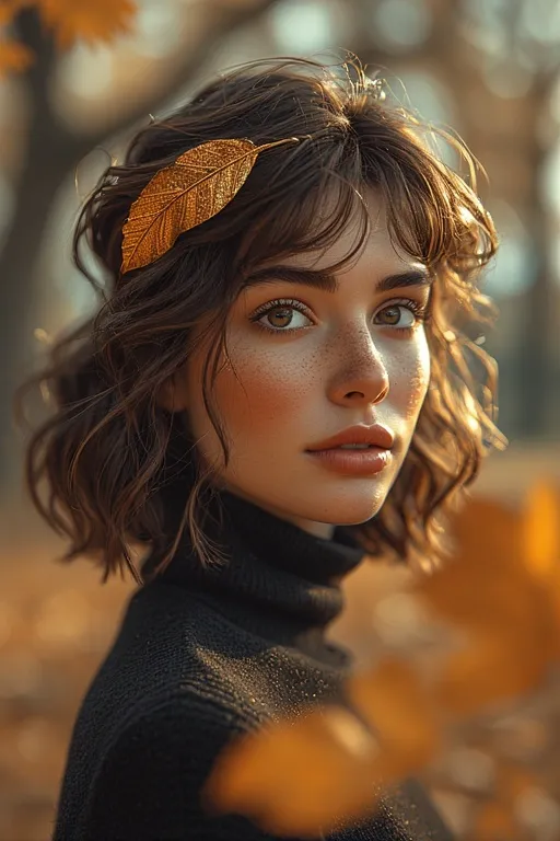 Woman with loose waves and fall hair accessories like velvet headband and gold leaf clip.