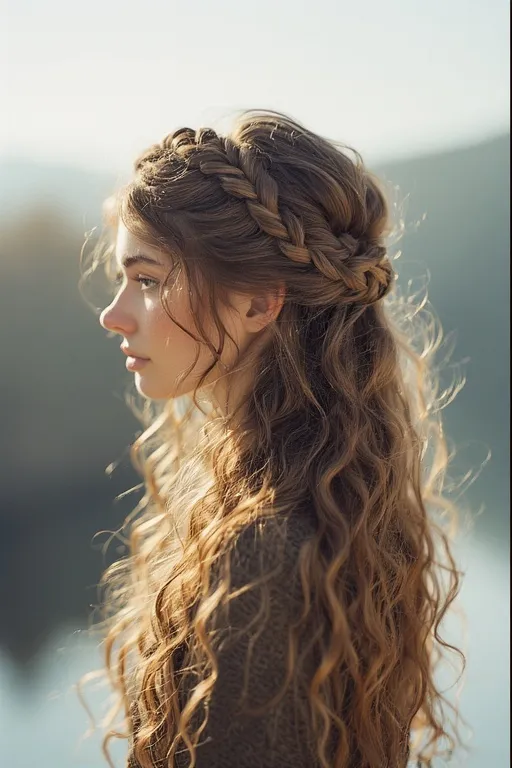 Half-up braided hairstyle with curls flowing naturally underneath.”