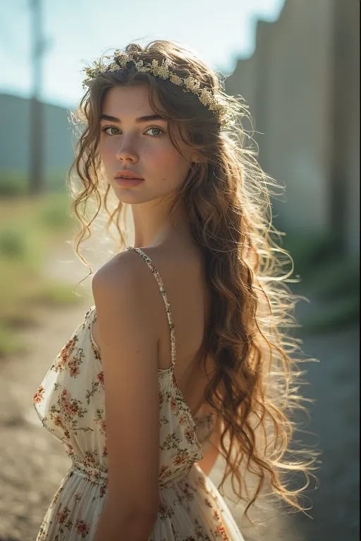 Half-up braided hairstyle with flowing curls and floral outfit.
