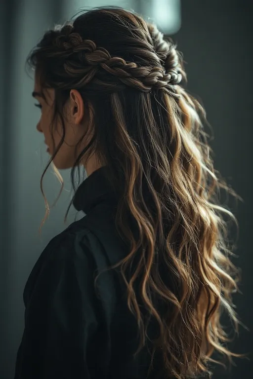 Half-up, half-down hairstyle blending elegance and everyday glamour.