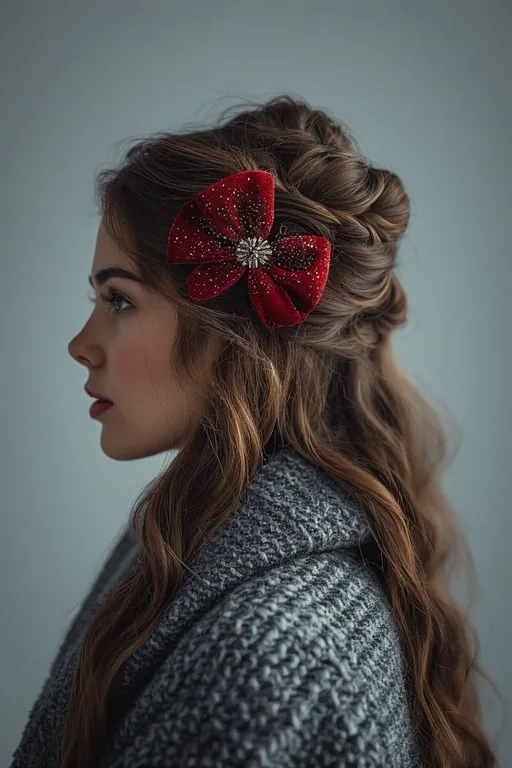 Half-up, half-down hairstyle with velvet bow for winter festive look.
