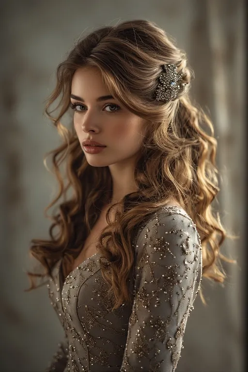 Half-up half-down hairstyle with jeweled clip for a soft and elegant winter look.