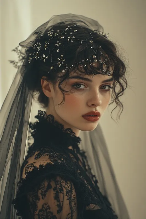 Ghostly Glam Black Halloween Style Ideas 6 Elegant hairstyle with dark waves, silver hairpins, and black veil for ghostly glam look.