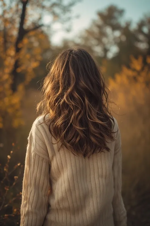 Woman with layered wavy haircut showing volume and bounce in autumn setting.