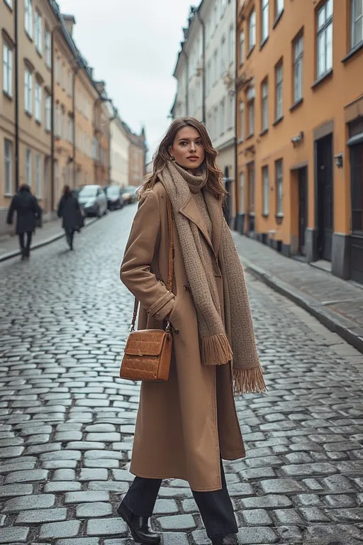 Layered Stockholm fashion with trench coat and scarf on a city street under cool Nordic light.