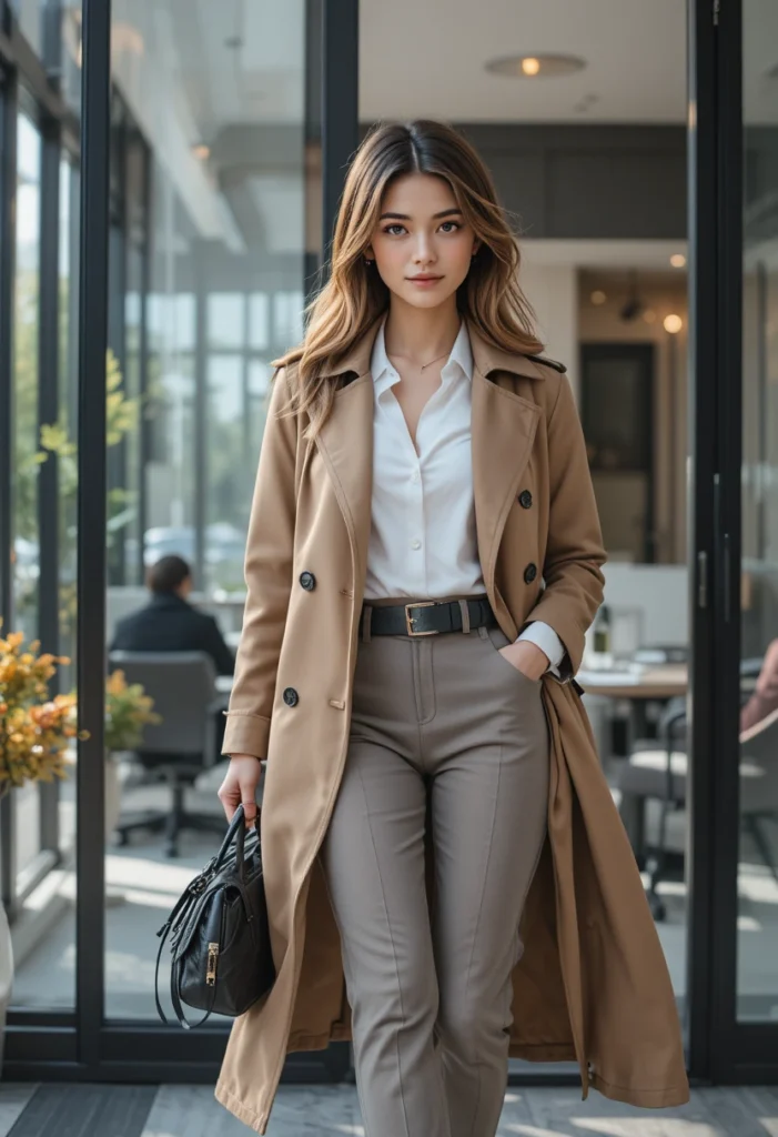 Business Casual Outfits For Modern Workwear 10 Woman wearing a trench coat over business casual attire outside an office building.