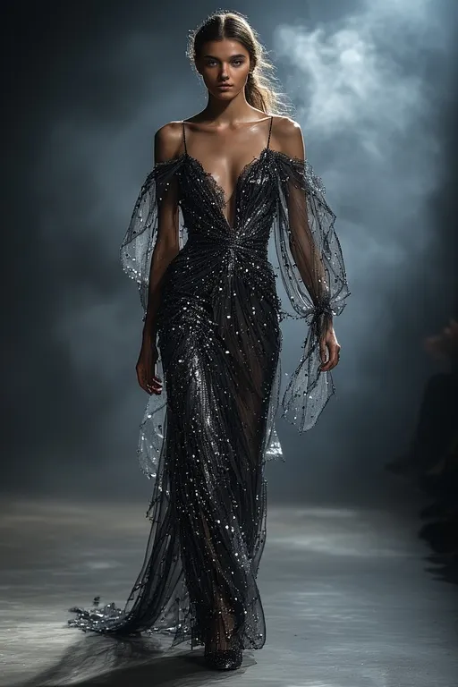 Ghostly Glam Black Halloween Style Ideas 9 Ghostly glam outfit blending dark black layers with silver highlights in ethereal lighting.