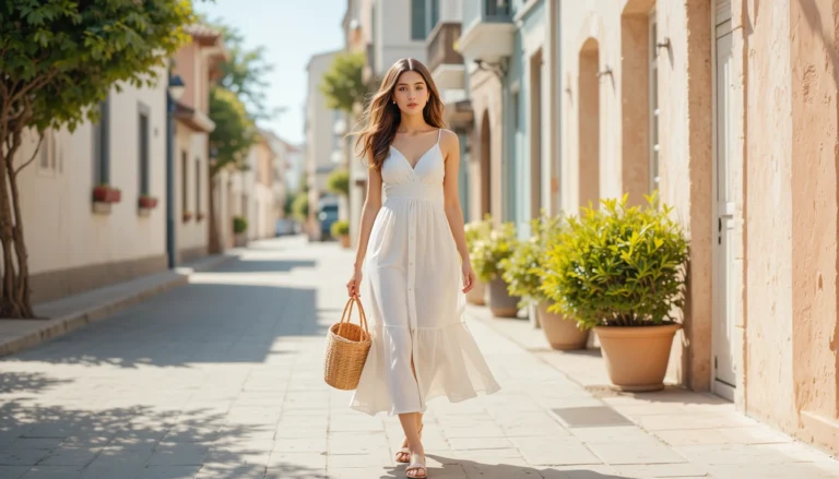 Woman wearing a lightweight linen summer outfit with sandals and a tote bag in a sunny outdoor setting.